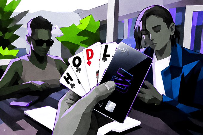A stylized digital illustration shows a person holding four playing cards (10, Queen, King, and a black card with a purple "M" logo) representing a "Royal Flush," with two other figures seated at a table in the background. The artwork ties into the post's announcement of "mint day" for a new NFT collection on OpenSea, using the poker hand imagery to symbolize the community celebrating the launch milestone.