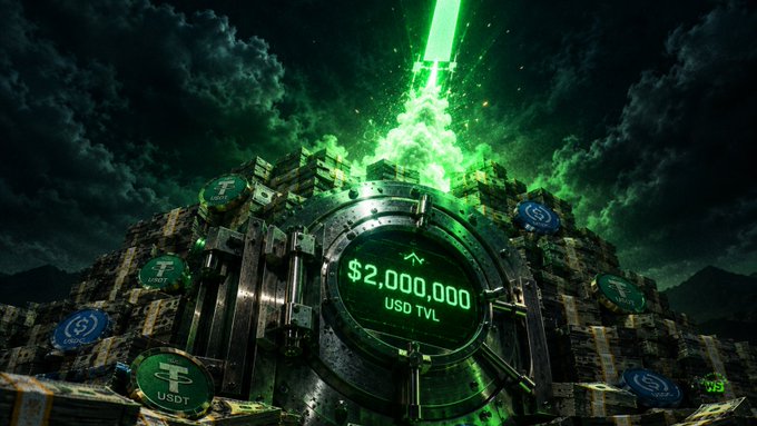 A dramatic illustration of a massive vault filled with stacks of money and USDT coins, glowing green with a bright beam of light, displaying '$2,000,000 USD TVL'.