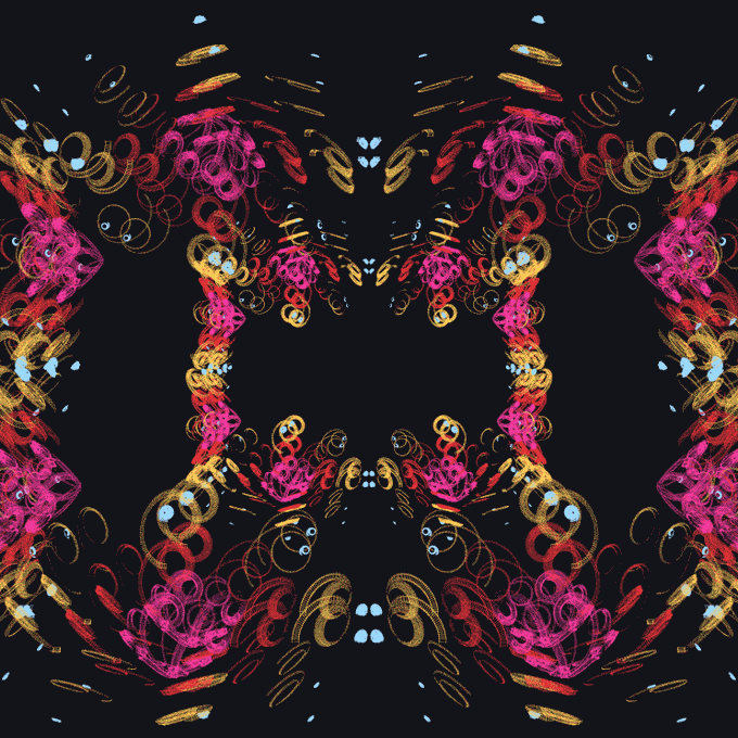 An abstract, symmetrical kaleidoscopic design featuring swirls of pink, red, and gold colors on a black background.