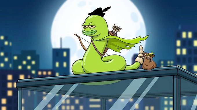 An animated cartoon depicts a green slug-like character wearing a black feathered hat and cape, holding a bow and a sack of coins on a rooftop under a full moon.