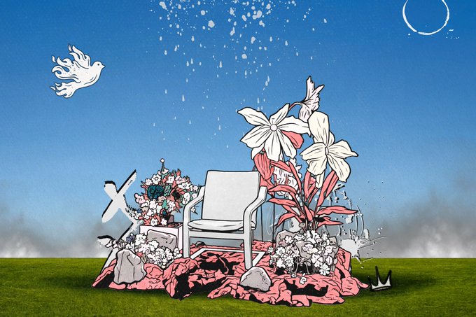 A digital illustration of a white chair surrounded by flowers and pink fabric on a green lawn, with a white dove and stars against a blue sky containing a crescent moon.