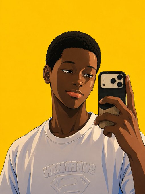 A stylized digital illustration shows a young Black man taking a mirror selfie with a smartphone against a vibrant yellow background, wearing a white t-shirt.