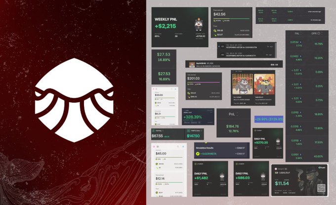 A stylized white crypto/DeFi logo on a maroon background is paired with a dashboard collage showing diverse metrics including a weekly PNL of +$2,215, PNLs ranging from -$184.76 to +$269.93, daily PNLs of +$1,482 and +$896.03, and NFT collections like "Clonex," reinforcing the post's claim that EnclaviumFNF trades across degen, LP, and NFT sectors.
