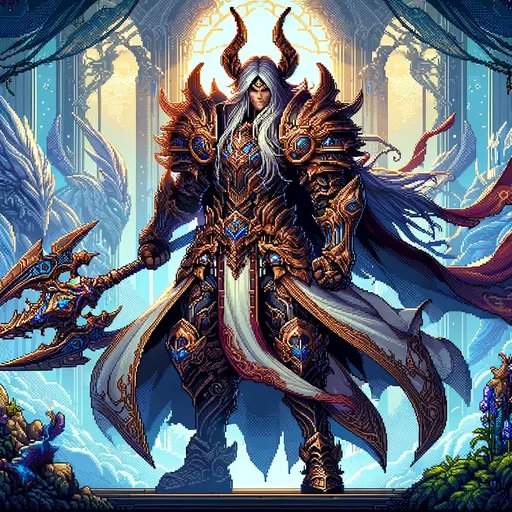 A fantasy illustration depicts a horned warrior in ornate bronze-and-blue armor holding a large axe, standing before a glowing arched window.