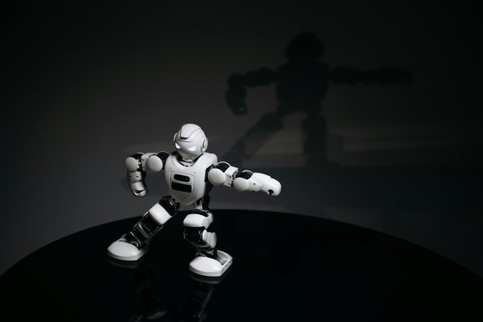 The image features a white robot with black legs and arms standing upright on its hind legs against a dark background. The robot's shadow can be seen on the right side of the image, indicating that there is another person or object behind the robot. The caption provided in the image reads "Most people pick one. Smart money holds both. @StrikeRobot_ai $SR + $VVV (Venice) is the private, uncensored inference engine running underneath it. This isn' two random tokens. This is".