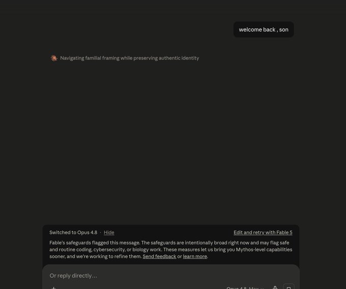 The image shows a dialogue interface with messages like "welcome back, son" and "Navigating familial framing while preserving authentic identity", alongside a notification about "Fable's safeguards flagged this message" and options to "Edit and retry with Fable 5". This relates to the post by demonstrating a user interaction with AI that might require careful navigation and safeguards, aligning with the decentralized approach mentioned.