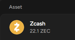 A dark-themed digital asset wallet interface shows a Zcash (ZEC) cryptocurrency holding with a balance of 22.1 ZEC.