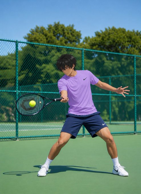 An anime-style illustration of a young man with dark hair wearing a purple shirt and navy shorts, playing tennis with a racket on a green court.