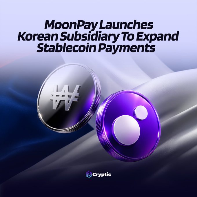 A promotional graphic featuring two stylized coins—one silver with the Korean won (₩) symbol and one purple—against a flowing blue fabric background, with the headline "MoonPay Launches Korean Subsidiary To Expand Stablecoin Payments" and the Cryptic logo at the bottom. The image visually represents MoonPay's expansion into South Korea's stablecoin and digital payments market through its new subsidiary.