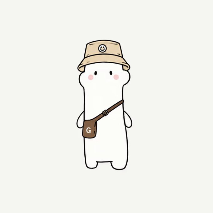 A simple cartoon illustration of a small white ghost-like character wearing a beige bucket hat and a crossbody bag with the letter 'G' on it.