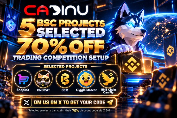Promotional banner for 'CASINU' featuring a 3D wolf character, advertising '5 BSC PROJECTS SELECTED 70% OFF TRADING COMPETITION SETUP' with logos for ShopinX, BNBCAT, BEM, Giggle Mascot, and BNB Chain Can Fly.