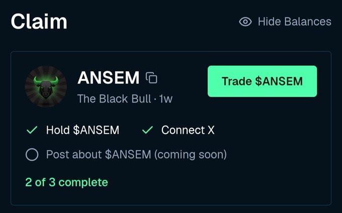 A dark interface showing a 'Claim' screen for $ANSEM token, with checkmarks for 'Hold $ANSEM' and 'Connect X' (2 of 3 complete) and a green 'Trade $ANSEM' button.