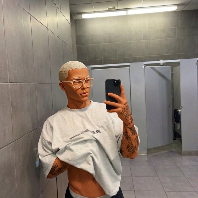 A mirror selfie of a young man with short bleached hair and clear glasses, wearing a white t-shirt, in a public restroom.