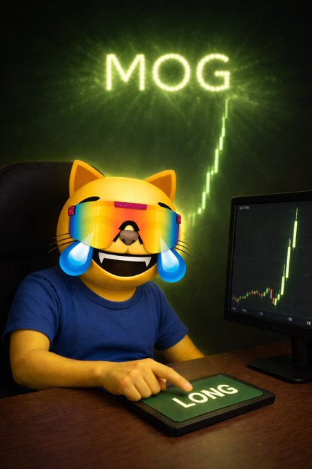 The image features an anthropomorphized cat wearing sunglasses, goggles, and a mask with a "MOG" label on its face. The cat appears to be sitting at a desk next to a computer monitor displaying stock market graphs. A green light is shining behind the cat's head, which matches the color of the "MOG" label on its face. The image also includes text that reads "long".
