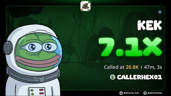 The image features the cartoon Pepe astronaut meme celebrating a 7.1x gain on the $KEK token, called at a 20.8K market cap by user "callerhex01" via the Phanes bot. The graphic reinforces the post's highlight of a 7x return on the Solana memecoin $KEK.
