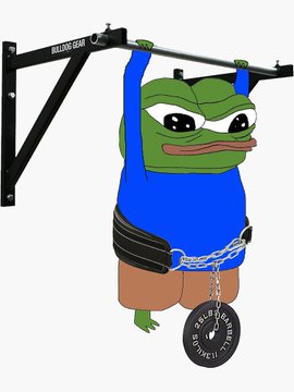 A cartoon image of a Pepe the Frog character wearing a blue shirt, hanging from a "BALDING BAR" pull-up bar with a weight plate labeled "JEET/JITOSI" chained to its waist.