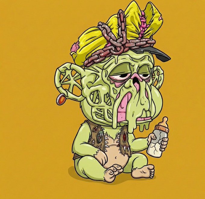 A cartoon illustration of a grotesque green goblin-like creature with chains on its head, holding a baby bottle against a mustard-yellow background.