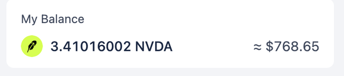 A screenshot of a RobinhoodCrypto balance showing 3.41016002 NVDA tokens worth approximately $768.65, which aligns with the post celebrating a +$768 gain in NVDA tokens.