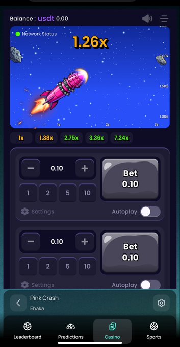 A screenshot of the 'Pink Crash' mobile gambling game by Ebaka showing a 1.26x multiplier rocket in space, with betting options including 0.10 bets and Autoplay toggles.