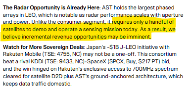 The image highlights ASTS's phased array technology in LEO, emphasizing that the radar opportunity is already here and that sovereign deals—like Japan's $1B J-LEO initiative with Rakuten Mobile ($4755)—may be imminent, supporting the post's claim that more government and sovereign contracts are on the horizon for ASTS.