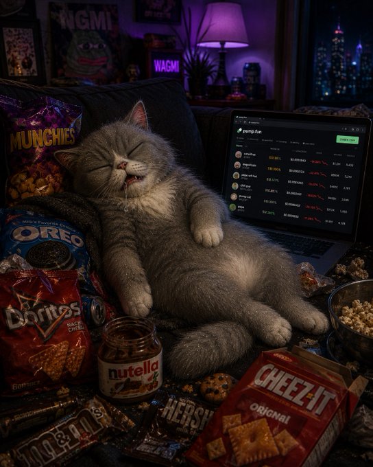 A sleepy gray cat lies contentedly on a couch surrounded by snacks including Munchies, Oreo, Doritos Nacho Cheese, Nutella, Cheez-It Original, Hershey's, and M&M's, with a laptop displaying a Pump.fun meme coin page in the background.