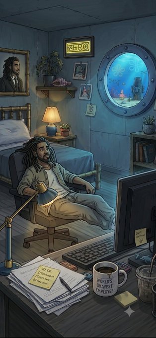 A digital illustration of a man with dreadlocks sitting in a dimly lit bedroom with an underwater porthole view, a 'ZERO' neon sign, a keyboard, and a coffee mug labeled 'WORLD'S OKAYEST EMPLOYEE'.