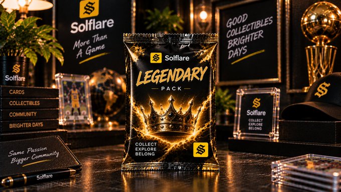 A 'Solflare Legendary Pack' collectible card packet sits on a desk surrounded by trophies and other Solflare merchandise, with promotional text including 'More Than A Game', 'Collectibles Brighter Days', and 'Same Passion Bigger Community'.