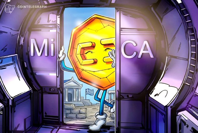 A Cointelegraph cartoon depicts a golden octagonal 'M' coin character stepping out of a vault marked 'MiCA', with Greek-style buildings visible in the background.