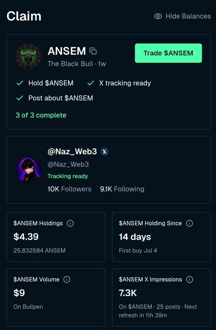 A crypto token claim interface showing '$ANSEM - The Black Bull' with 3 of 3 tasks complete, displaying holdings of $4.39 (25.83 ANSEM) held for 14 days with $9 volume on Bullpen.