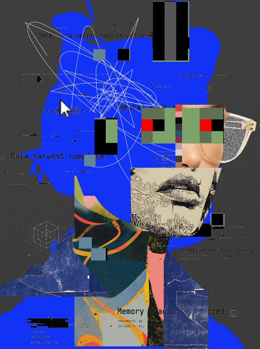 A glitch-art style portrait incorporates a blue silhouette, fragmented face elements, pixelated blocks, and overlaid text including 'Data harvest complete' and 'Memory' over a dark background.