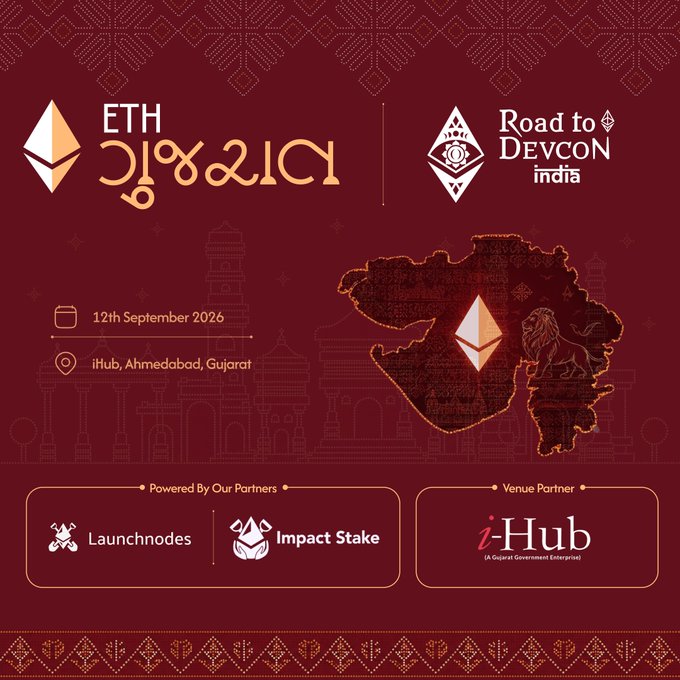 Event promotional graphic for "ETH Gujarat" and "Road to DevCon India" taking place on 12th September 2026 at iHub, Ahmedabad, Gujarat, featuring partners Launchnodes, Impact Stake, and iHub Gujarat, with a stylized map of Gujarat displaying the Ethereum logo and lion emblem.