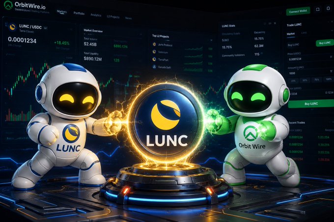 Two astronaut mascots representing LUNC (Luna Classic) and Orbit Wire stand beside a glowing LUNC coin on a trading dashboard showing market stats like 0.0001234 price and 15.75% change.