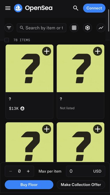 A screenshot of the OpenSea app interface showing 78 NFT items displayed as green cards with question marks, with one listed at $13K ETH and others not listed. A "Buy floor" button appears at the bottom.