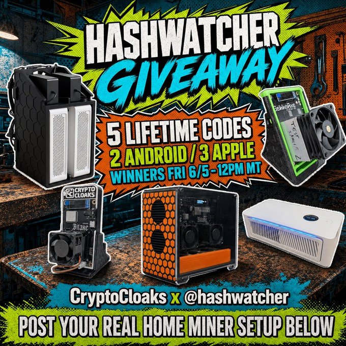 The image features an advertisement for a HashWatcher Giveaway event. The poster displays five lifetime codes that can be used by home miners, with prizes included such as two Android devices or three Apple products. The text encourages users to share their real-life mining setup below and mentions that the winners will be picked from the replies.