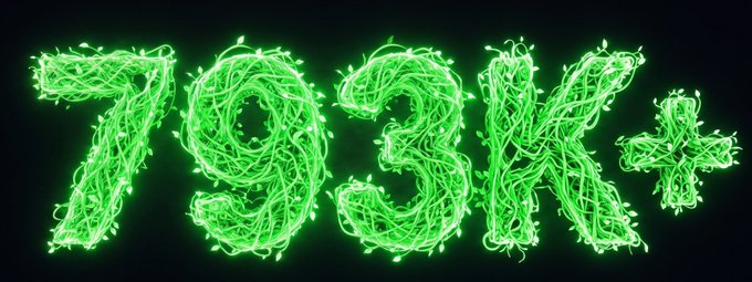 The glowing green tangled-wire text '793K+' appears isolated against a pure black background.