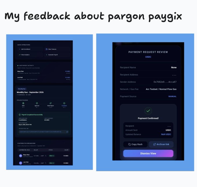 A collage titled 'My feedback about pargon paygix' showing screenshots of a cryptocurrency payment dashboard and a 'Payment Confirmed!' screen for USDC.