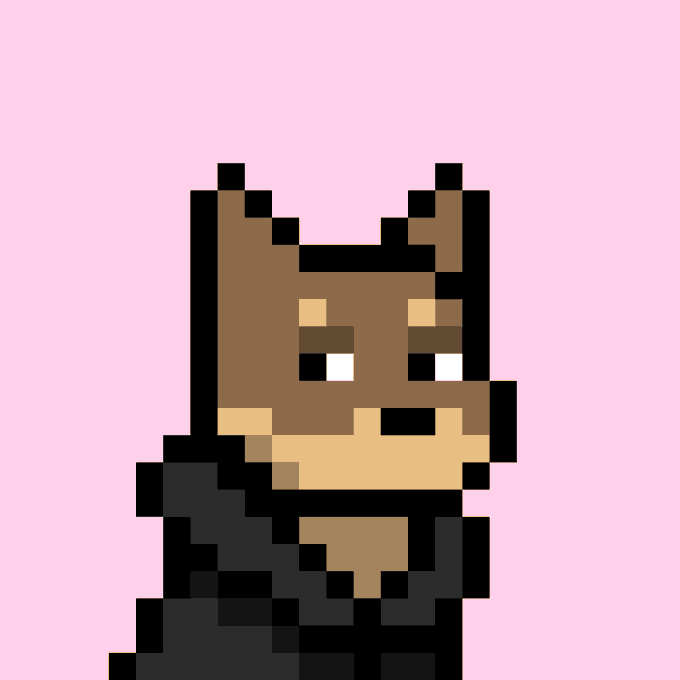 A pixel art character with a brown cat-like head wearing a black hoodie, shown against a pink background.