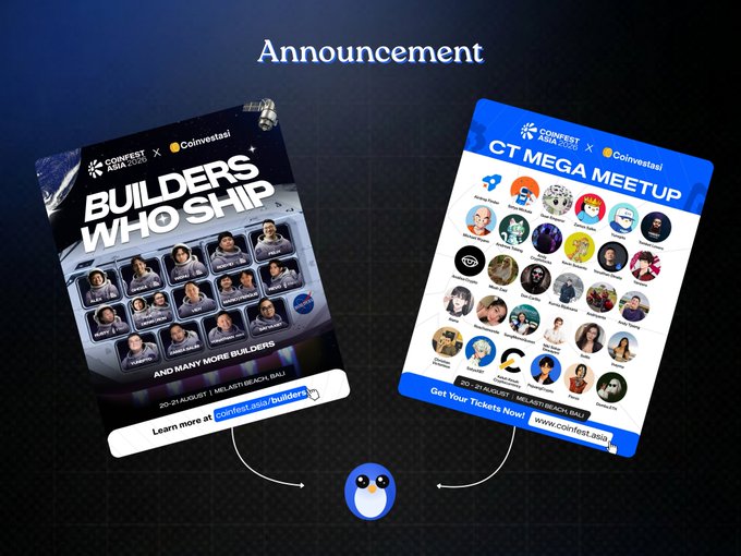 Announcement graphic from Confest Asia x Coinvestasi featuring 'Builders Who Ship' (August 20-21, Bali) and 'CT Mega Meetup' events with a penguin logo and ticket links.