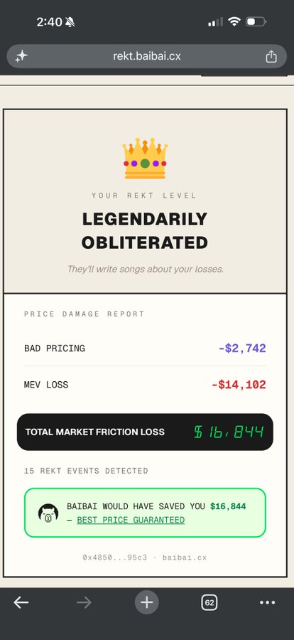 Mobile screenshot from rekt.baibai.cx displaying a 'Legendarily Obliterated' status with a price damage report showing bad pricing of -$2,742 and MEV loss of -$14,102, totaling a market friction loss of $16,844.