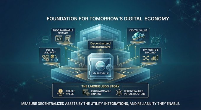 A digital economy infographic titled 'FOUNDATION FOR TOMORROW'S DIGITAL ECONOMY' highlighting USDD stablecoin's features including Decentralized Infrastructure, Stable Value, and Programmable Finance.