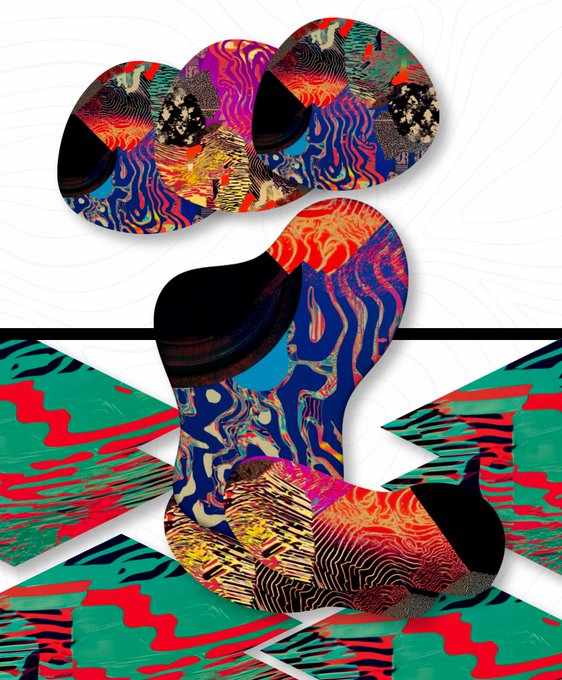 A colorful, abstract graphic design features an ergonomic computer mouse and mousepad covered in a chaotic, psychedelic pattern of swirling colors, flame motifs, and textured shapes.