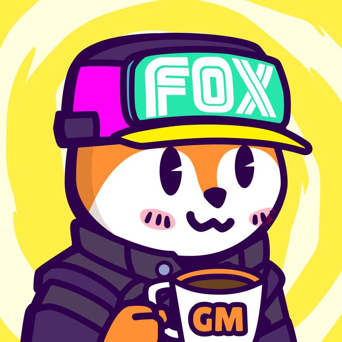 A cartoon fox mascot wearing a "FOX" branded cap holds a coffee mug labeled "GM" against a bright yellow background, visually representing the casual, upbeat "GM Fam Vibes high up above" greeting.