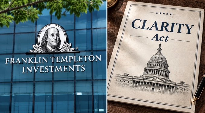 The image shows the Franklin Templeton Investments logo on a glass building alongside a document titled "CLARITY Act" featuring an illustration of the U.S. Capitol, visually reinforcing the news that the $1.8 trillion asset manager is optimistic about the CLARITY Act's potential passage before the August recess.