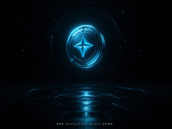 A glowing blue circular emblem with a four-pointed star in the center floats against a dark background, with the text 'one ecosystem. every game.' at the bottom.