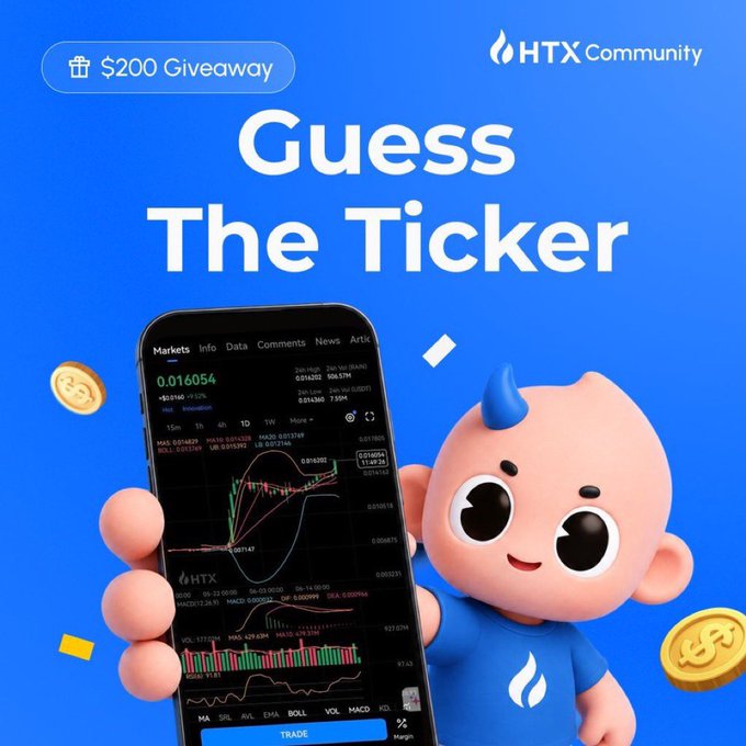 The image promotes HTX Community's "Guess The Ticker" challenge featuring a $200 giveaway, showing the HTX mobile trading app displaying market charts (ticker 0.016054) alongside a cute blue-horned mascot and gold coins. The promotional graphic ties directly to the accompanying post's ticker prediction contest, encouraging users to guess the next listing using the hint about prediction markets shown on the trading interface.