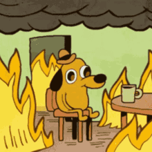 A cartoon illustration of a yellow dog wearing a top hat sitting calmly at a table with a teacup while surrounded by flames and dark smoke.
