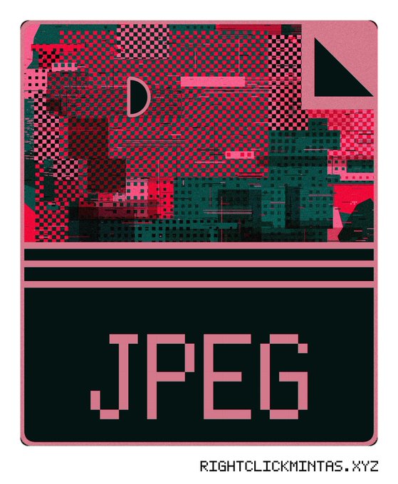 A stylized graphic with pink and dark green glitch-art textures featuring a cityscape and the text 'D' at the top, with '.JPEG' displayed prominently at the bottom and 'RIGHTCLICKMINTAS.XYZ' watermark.