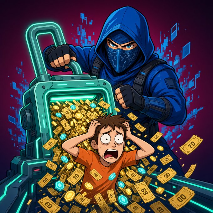 An anime-style illustration depicting a blue-clad ninja figure opening a glowing teal padlock to release a flood of gold coins and gems onto a shocked boy in an orange shirt below.