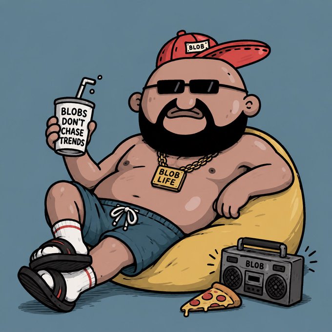 A cartoon illustration of a bearded man wearing a red 'BLOB' cap and sunglasses, sitting on a yellow beanbag with a 'BLOB LIFE' chain, holding a cup labeled 'BLOBS DON'T CHASE TRENDS', next to a 'BLOB' boombox and a slice of pizza.