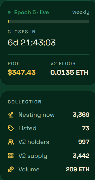 A mobile app interface showing a weekly live auction: "Epoch 5 · live," closes in "6d 21:43:03," with a pool of "$347.43" and a V2 floor of "0.0135 ETH." Collection stats show Nesting now: 3,369, Listed: 73, V2 holders: 997, V2 supply: 3,442, and Volume: 209 ETH.